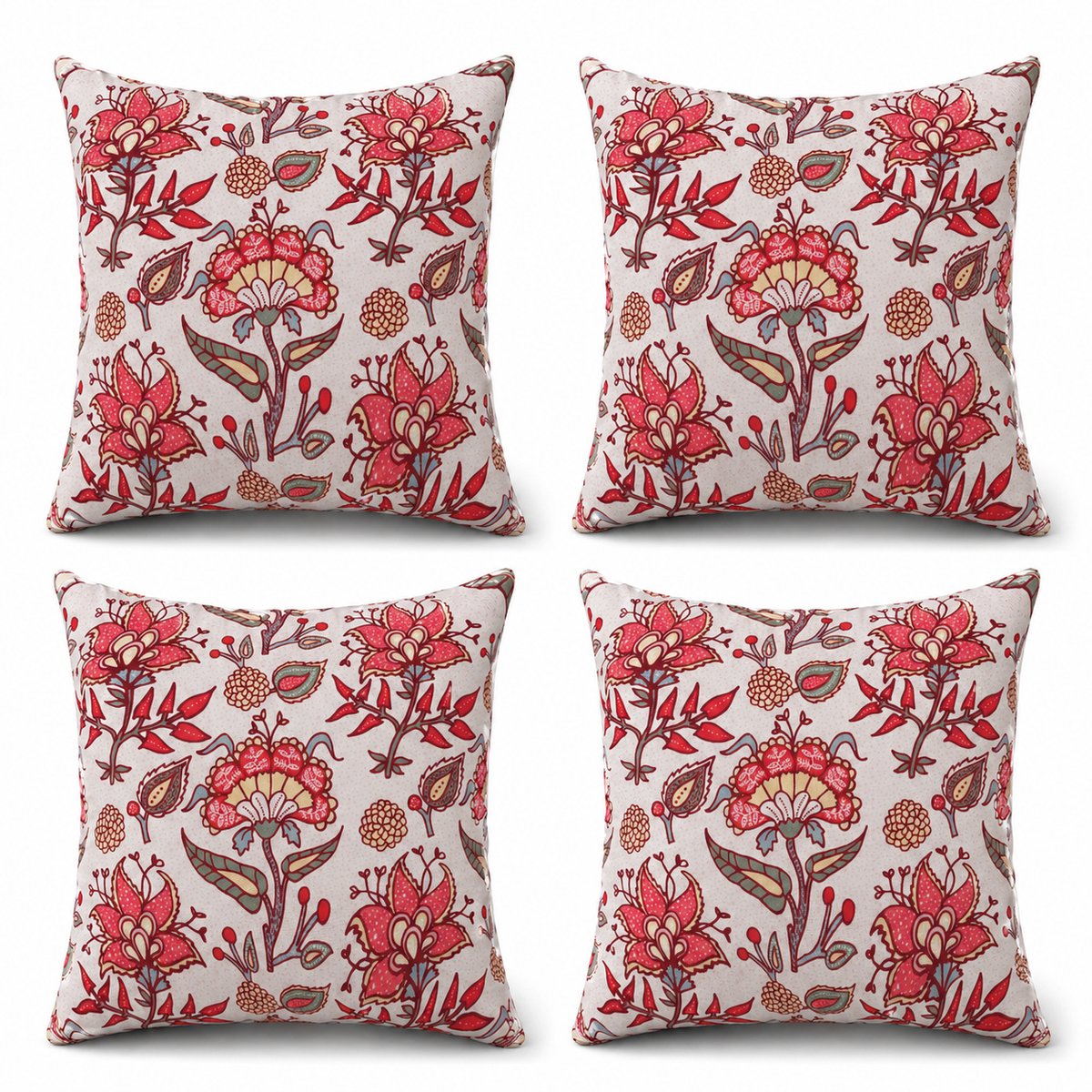 Urbane Hide Set van 4 Kussenhoezen 45x45 cm | Katoen Canvas Kussenhoes | Rood-Bloemenprint | Sierkussenhoes voor Woonkamer & Tuin | Digitale Print Cushion Covers Wit