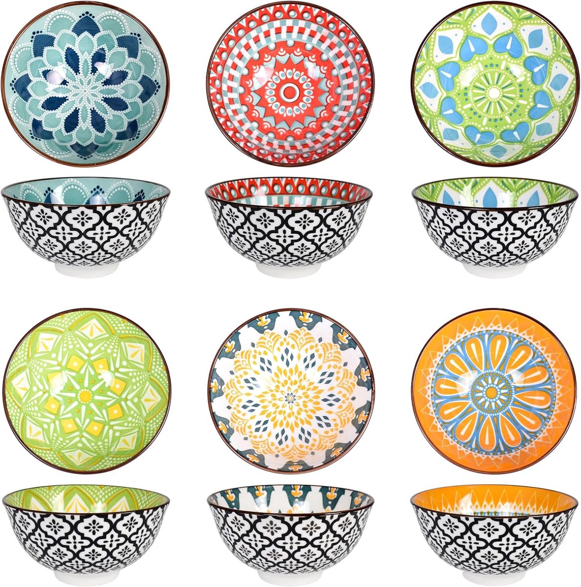 JeiibrZui Kleine Dessertschale Set - 6 Stuks - Keramiek - 12x6 Cm - Veelkleurig Bohemian Stijl - Voor Ontbijt Snack Salade