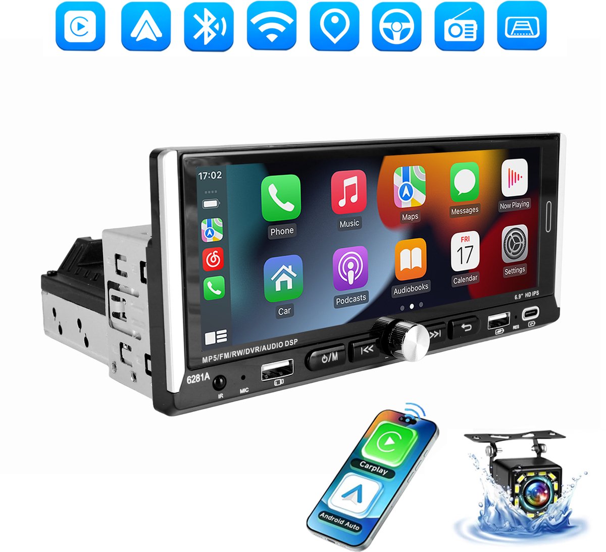 ESSGOO 1Din Autoradio - Android 15 - 6,9 Inch IPS Touchscreen - 4+64GB - Apple Carplay & Android Auto (Draadloos) - GPS, Bluetooth, Dubbele USB+ Type-C - 12 LEDs Achteruitrijcamera