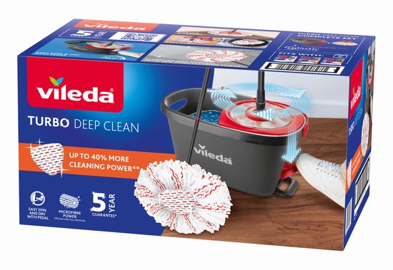 Verpakking van de Vileda Turbo Deep Clean mopset met afbeeldingen van de mop en emmer.