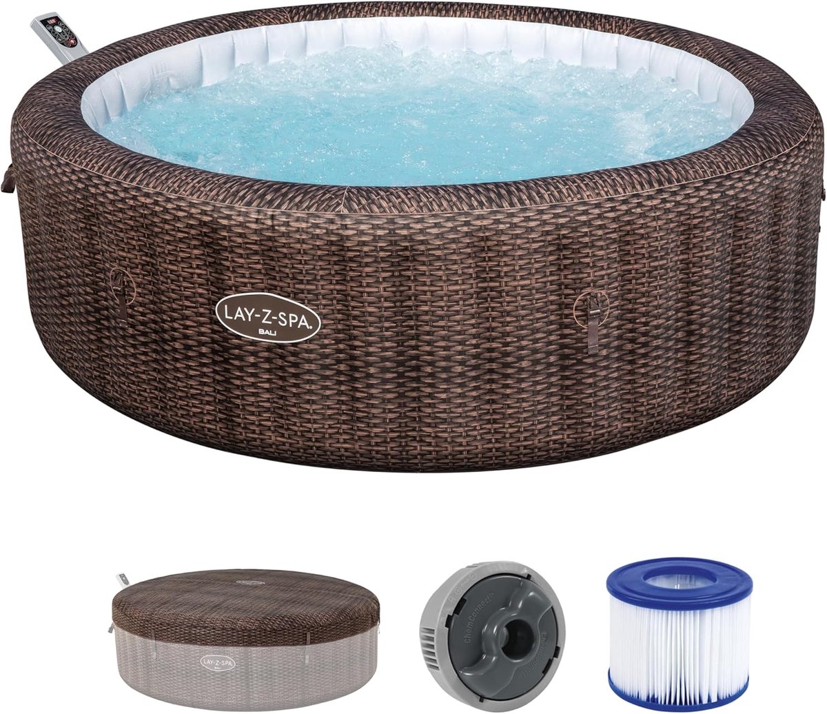 Opblaasbare jacuzzi 7 personen 216 x 216 x 71 cm – Lay-Z-Spa Bali AirJet™ whirlpool met app-besturing, 180 AirJet massagejets, energiebesparend EnergySense, 1260L, rotan-look (chocoladebruin) – HomebyNicole