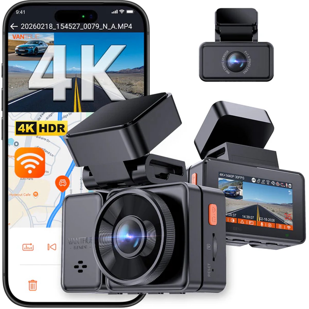 VANTRUE E2 Pro 4K + 2.5K Dual Dashcam Voor & Achter, Dual HDR, Nachtzicht, 5GHz WiFi GPS Autocamera, Spraakbesturing, 24H Parkeermodus, 2.45'' Display
