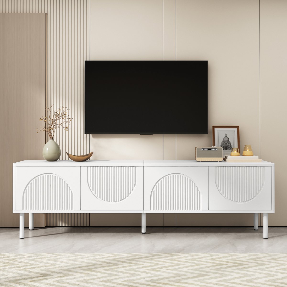 Sweiko TV-meubel - Lage kast met 4 deuren - Kabelbeheer - Minimalistisch ontwerp - Wit