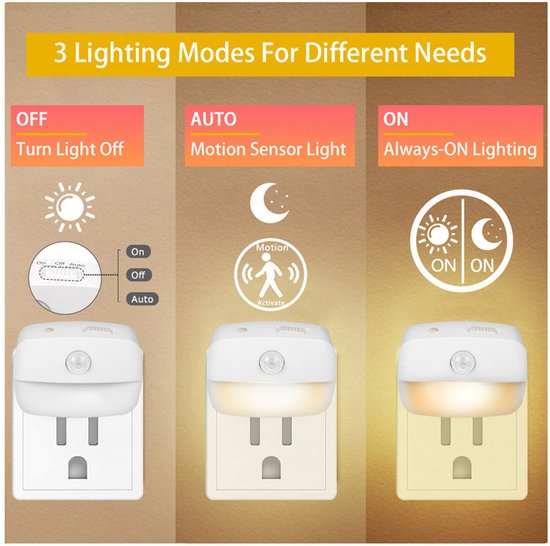 Nachtlampje met bewegingssensor Plug-in - LED- Nachtlampje Stopcontact - 3 standen - 3 stuks — afbeelding 4