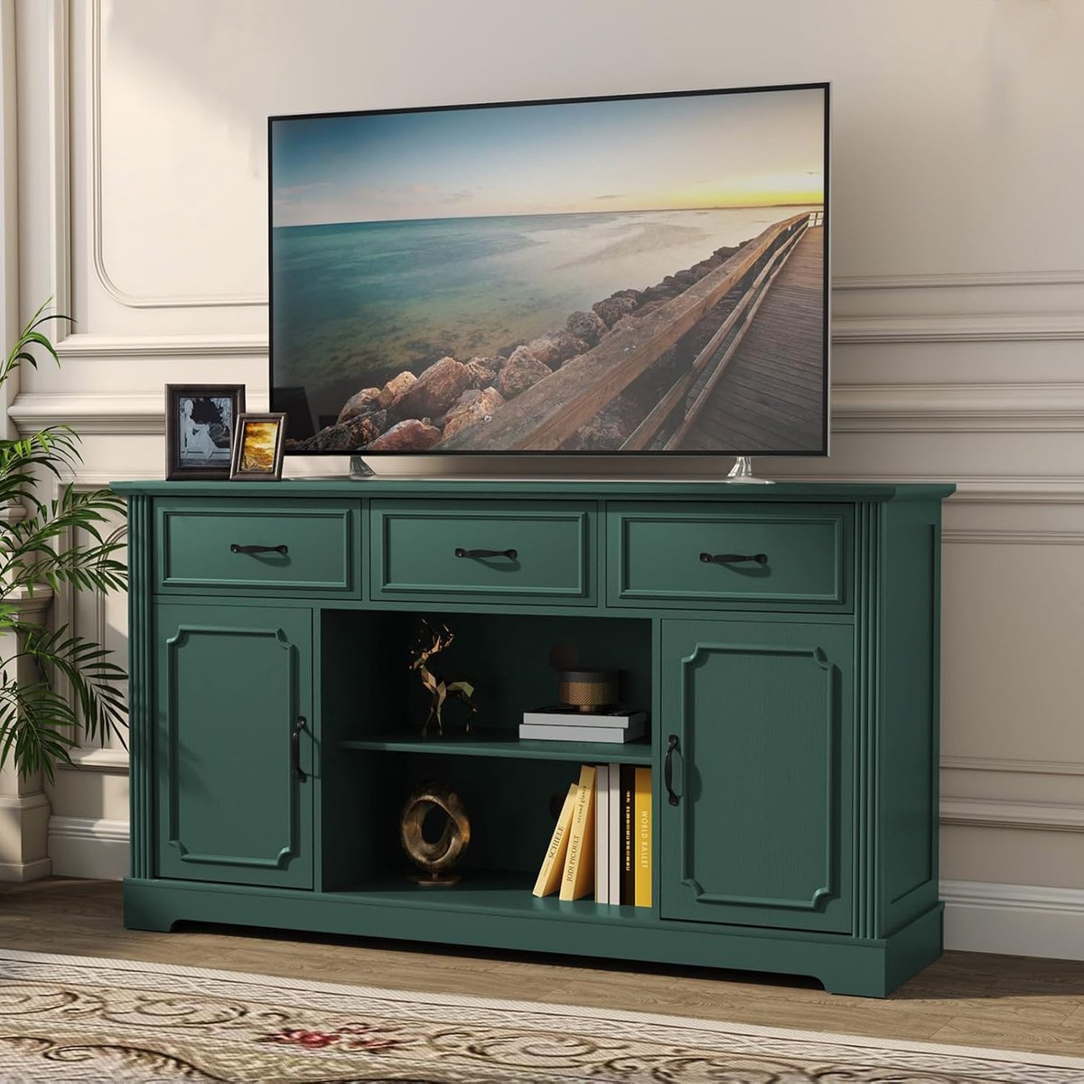 Tv-meubel 147x39,5x80,5 cm – Tv-kast met Lades en Opbergvakken – Dressoir / Lowboard voor TV tot 65 inch – Retro Design – Groen – Yesdeals