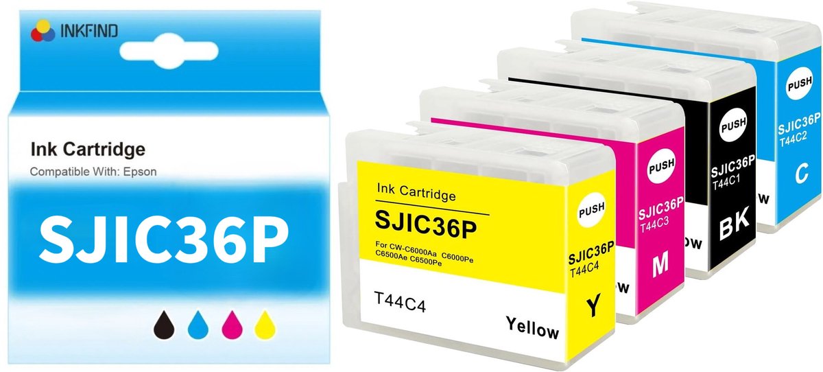 INKFIND SJIC36P inktcartridge 4 Pack (Zwart+Cyaan+Magenta+Geel) compatibel met SJIC36P-BK/C/M/Y Epson ColorWorks C6000A/C6000P/C6500A/C6500P -4-pack BK/C/M/Y