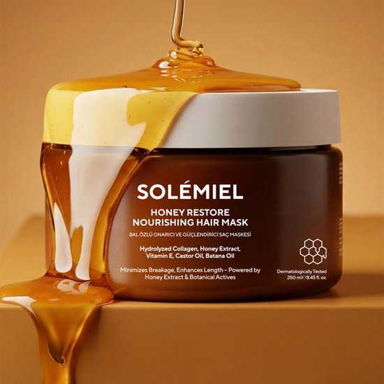 Masque capillaire SOLÉMIEL au miel et à la propolis - Enrichi en huile de batana et huile de ricin - Hydratation et réparation intensives pour cheveux secs et abîmés 250 ml