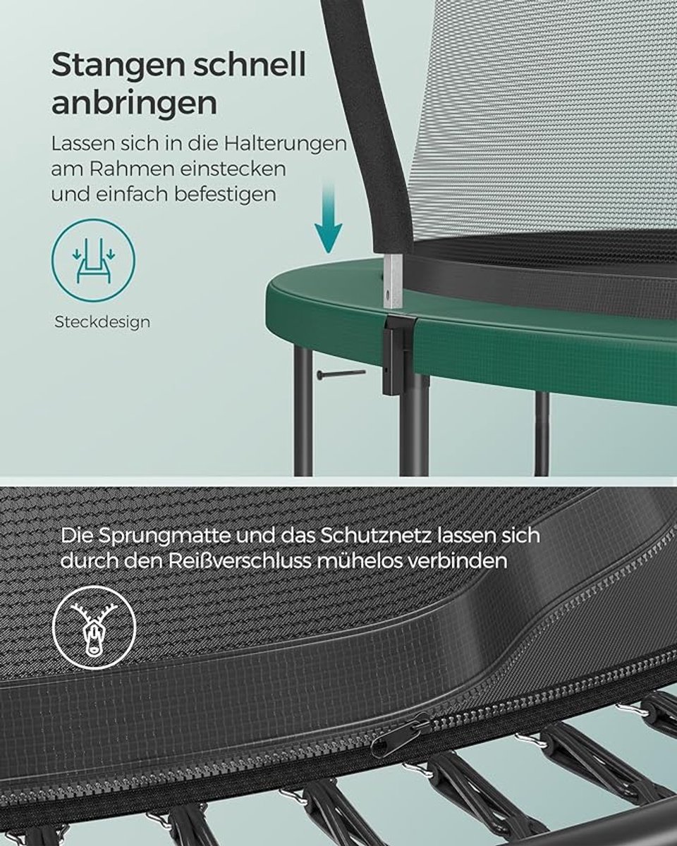 Veerloze Trampoline 305 cm (244/305/366 cm) met Veiligheidsnet en Elastische Touwen – Kinder Trampoline voor Buiten – Geluidsarme Tuintrampoline met Glasvezel Stangen en Ritssluiting – Jungle Groen