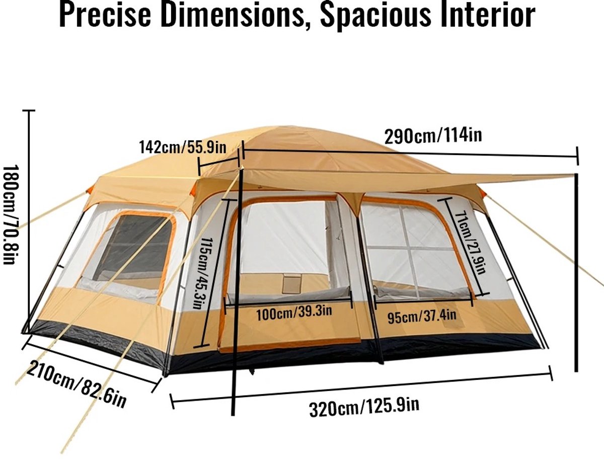 Zolara Familie Glampingtent - 4-6 Personen - Khaki - Tunneltent - Tunnel tent - Zonbescherming - UV bescherming - Oxford Materiaal - 2 Slaapkamers + Woonruimte, Muggengaas - Waterafstotend - Ideaal voor Kamperen en Glamping - Camping - Festival – foto 2