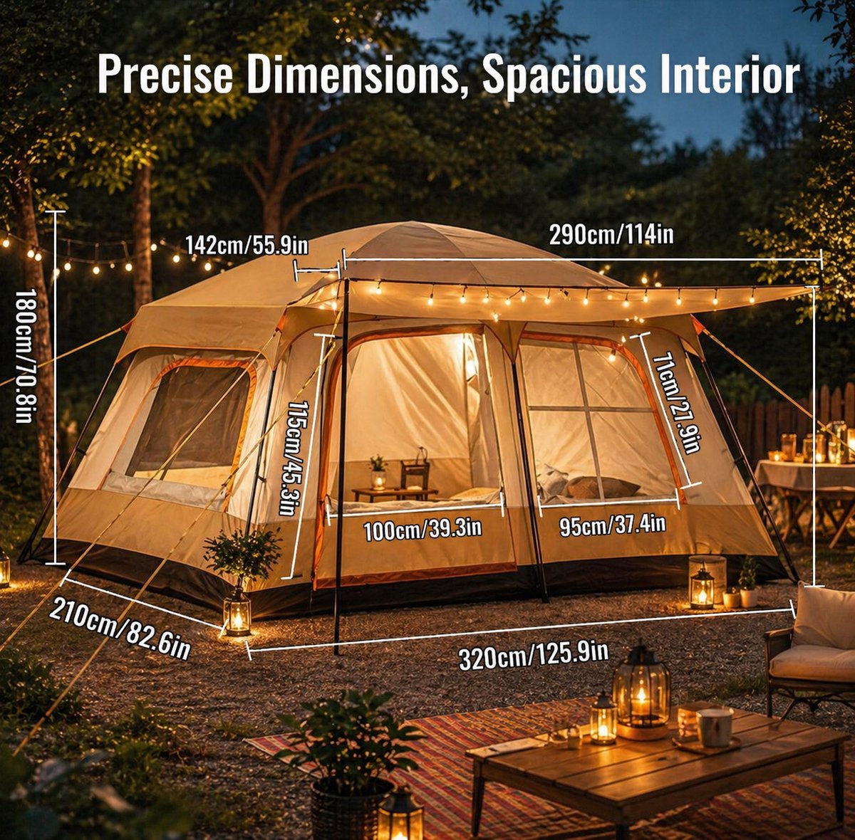 Zolara Familie Glampingtent - 4-6 Personen - Khaki - Tunneltent - Tunnel tent - Zonbescherming - UV bescherming - Oxford Materiaal - 2 Slaapkamers + Woonruimte, Muggengaas - Waterafstotend - Ideaal voor Kamperen en Glamping - Camping - Festival – foto 4