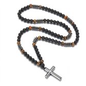 Kralen ketting met zwarte en bruine kralen en zilverkleurige kruis hanger – sieraad voor heren en dames