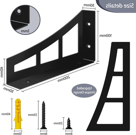 Stevige Zwarte Plankdragers van 20 cm, 4 Stuks, Voor Hoekplanken, Tot 90 kg Belastbaar, Inclusief Extra Haakjes — afbeelding 5