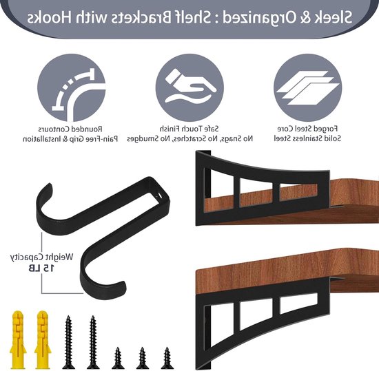 Stevige Zwarte Plankdragers van 20 cm, 4 Stuks, Voor Hoekplanken, Tot 90 kg Belastbaar, Inclusief Extra Haakjes — afbeelding 2