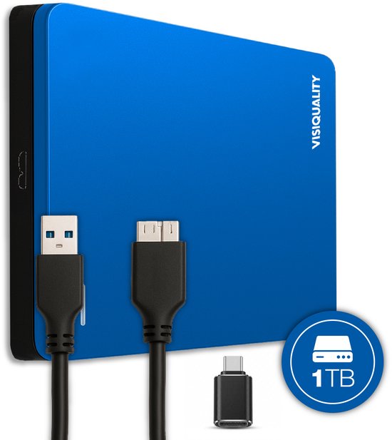 VisiQuality High-Speed Externe Harde Schijf 1 TB - Draagbare Harde Schijf USB 3.0 - Voor Windows & Mac - Xbox & PS4 games - Compact - Met handleiding - Blauw