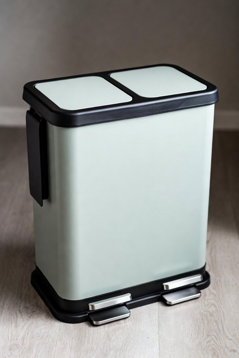 Luxe Duo Afvalemmer 60L (2x30L) – RVS Keuken Prullenbak met Pedaal en Soft Close – Afvalscheiding Prullenbak met 2 Vakken – Vingerafdrukvrij RVS – Mintgroen Design Ganeey