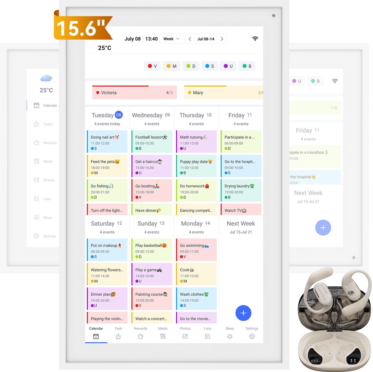 TABWEE P15 15,6" Digitale Kalender Met Touchscreen | 1080P Full HD Slimme Gezinsplanner, Digitale Fotolijst & Takenlijst | Wandmontage & Bureaumontage + Blackview AirBuds 300 - Wireless Earbuds - Bluetooth 6.0 Wit