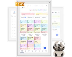 TABWEE P15 + Blackview AirBuds 300 - Digitale Kalender + Wireless Oordopjes - 15,6" 1080P Touchscreen Gezinsplanner, Digitale Fotolijst & Takenlijst - Wand- en Bureaumontage, Bluetooth 6.0 - Wit