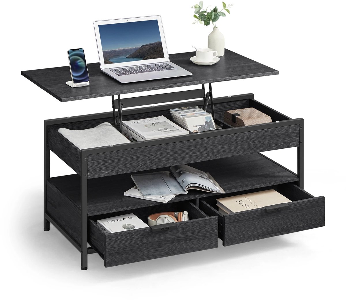 Archi Salontafel Verstelbaar Tafelblad - Bijzettafel - Met Opbergruimte - Industrieel Design - 100x50x48-63 cm - Zwart