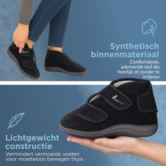 Zwarte Liromed schoen met klittenbandsluitingen, getoond in de hand en gedragen. Lichtgewicht constructie voor vermoeide voeten.