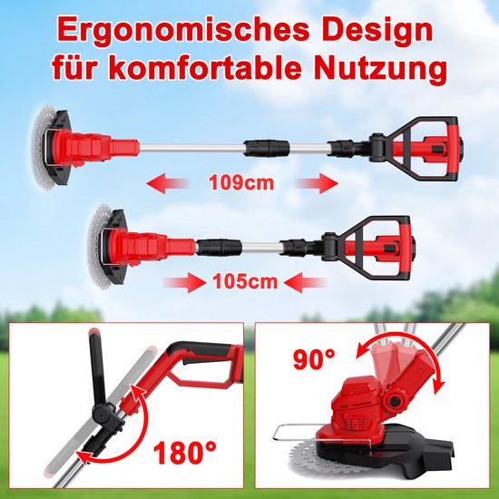 Rode en metalen grastrimmer met verstelbare steel (109cm en 105cm) en kantelbare kop (180 en 90 graden).