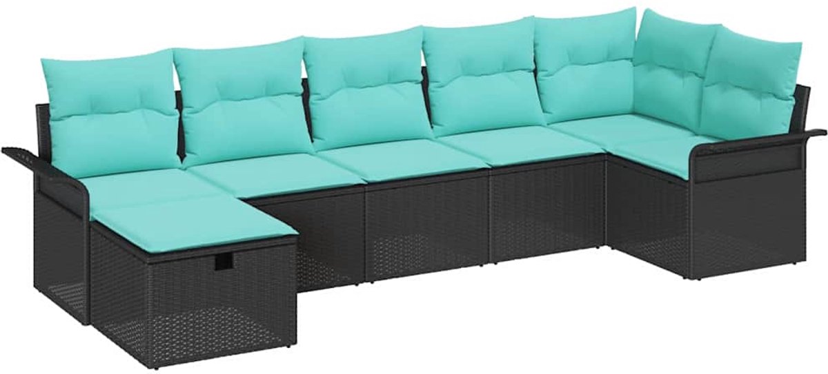 vidaXL Tuinbank - Set - 7 - st - Poly - rattan Zwart/ Blauw