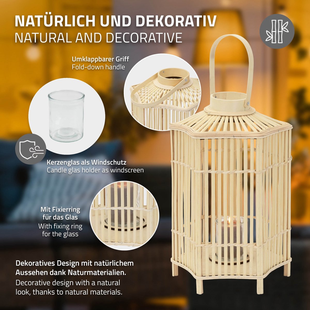 ECD Germany bamboe lantaarn, decoratieve houten windlicht serie, grote kaarsenhouder van 60 cm hoog, luxe houtlook met glas en handvat, sfeervolle boho tuinlantaarn gevlochten stijl, moderne decoratie voor binnen buiten balkon terras en woonkamer — cadeau in Wonen & Interieur - foto 5
