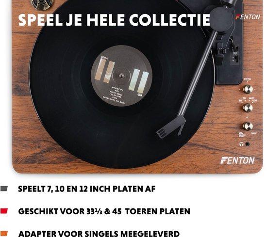 Platenspeler Bluetooth (in/uit) - Fenton RP162D - retro platenspeler met speakers (stereo) en mp3 speler - Donkerbruin — afbeelding 3