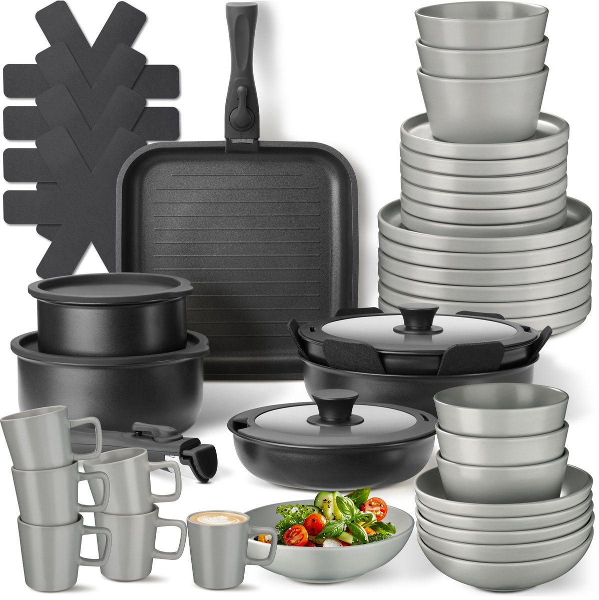 tectake® Complete Pannenset - Borden Set - Aardewerk - 47-delig - 6 Persoons - Set met Servies, Koekenpan, Grillpan, Kookpan, Kommen - Pannen met Deksel en Antiaanbaklaag - Ovenbestendig - Vaatwasbestendig - Geschikt voor Inductie - Grijs/Zwart