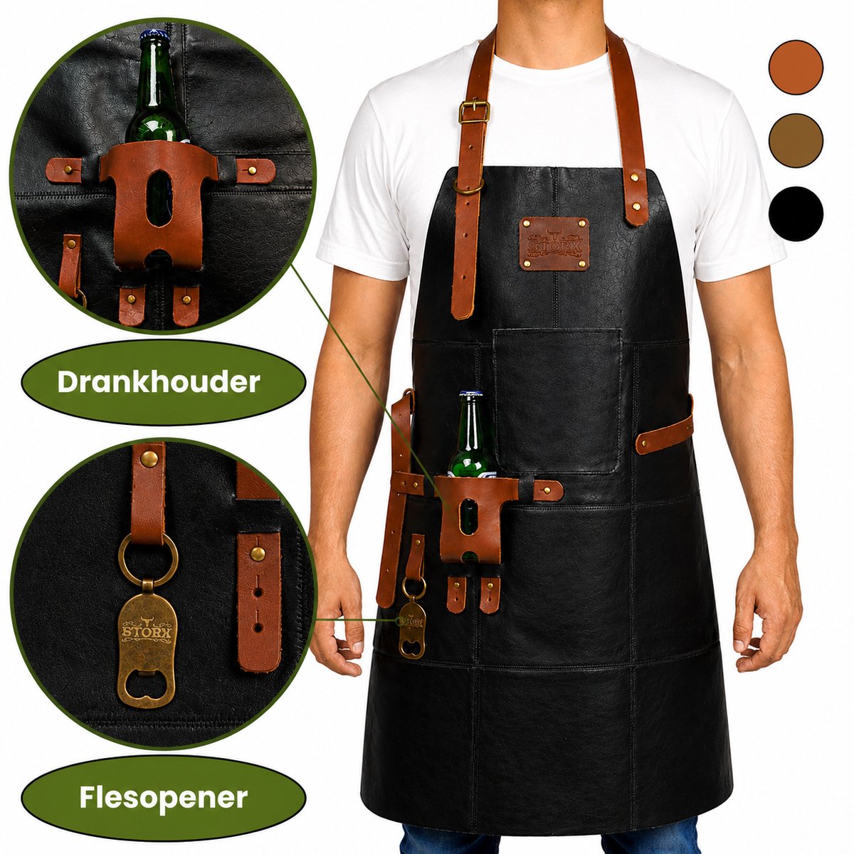 Leren Schort Mannen - Zwart – Stoer Lederen Schort Man BBQ Accessoire echt Leer Heren met Drankhouder Handdoeklus Flesopener en Opbergvak – Kookschort voor Barbecue of Keuken – Ideaal Barbecueschort Cadeau voor Vaderdag, Kerst of Verjaardag