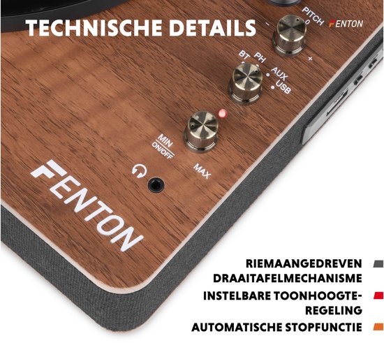 Platenspeler Bluetooth (in/uit) - Fenton RP162 - retro platenspeler met speakers (stereo) en mp3 speler - Bruin