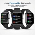 Drie zwarte smartwatches tonen sportmodi: wandelen, rennen, fietsen, met duur, stappen en calorieën.