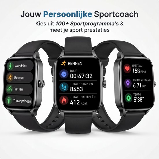 Drie zwarte smartwatches tonen sportmodi: wandelen, rennen, fietsen, met duur, stappen en calorieën.
