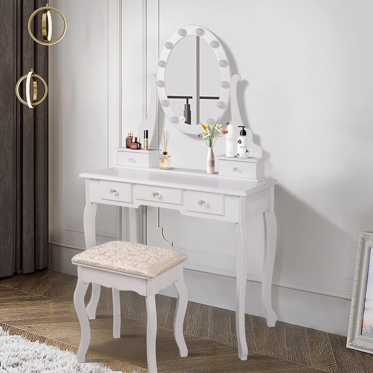 Luxe LED Kaptafel Country Glow met Spiegel, Kruk en 5 Lades 80 x 40 x 129 cm – Witte Make-up Tafel in Landelijke Stijl