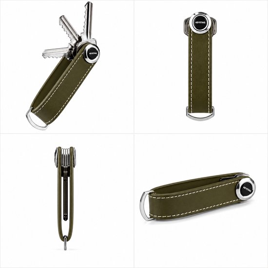 Olijfgroene KeyRing van leer met witte stiksels, in verschillende posities, met sleutels erin.