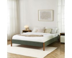 BAÏTA - BOWI - Bed 160x200 cm – Groen Ribfluweel – Tweepersoonsbed – Lattenbodem Inclusief – Bedframe met Massief Houten Poten