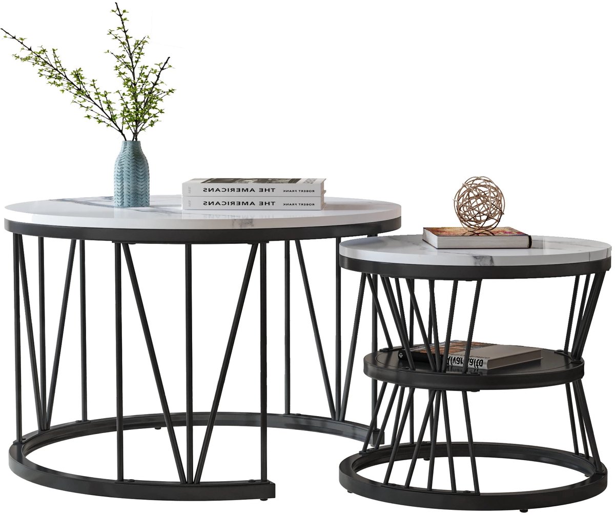 Zivv Ronde Salontafel Set van 2 - Elegant Design in Hout & Metaal - Compact en Stijlvol - Ø70/45 cm - Perfect voor Elk Interieur