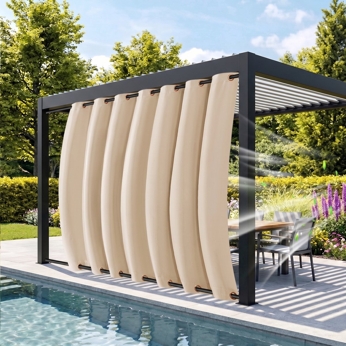MUPOO Buitengordijnen Waterdicht & Windbestendig met Ringen Boven en Onder - Dubbele Bevestiging tegen Wind - Verduisterend & UV Werend - Outdoor Gordijnen voor Terras & Pergola - 132x244 cm - Beige - 1 Stuk (Rideau Extérieur Imperméable) Beige-1 stuck