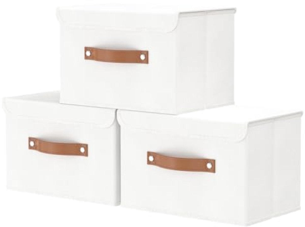 Opvouwbare opbergdoos met deksel 38x25x25cm linnen kledingmand - Wit (3 stuks)