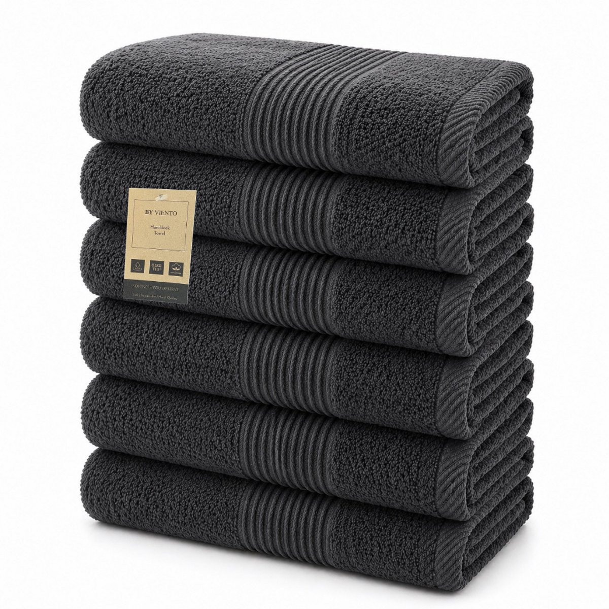 By Viento Luxe Handdoeken – Set van 6 – 50×90 cm – Antraciet – Hotelkwaliteit – 100% Katoen – 500 g/m²