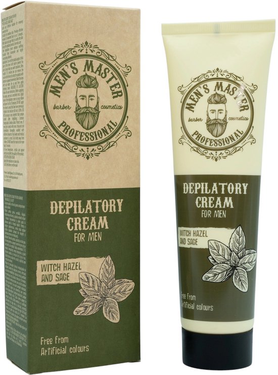 Men's Master depilatory cream for men tube and box packaging with witch hazel and sage.