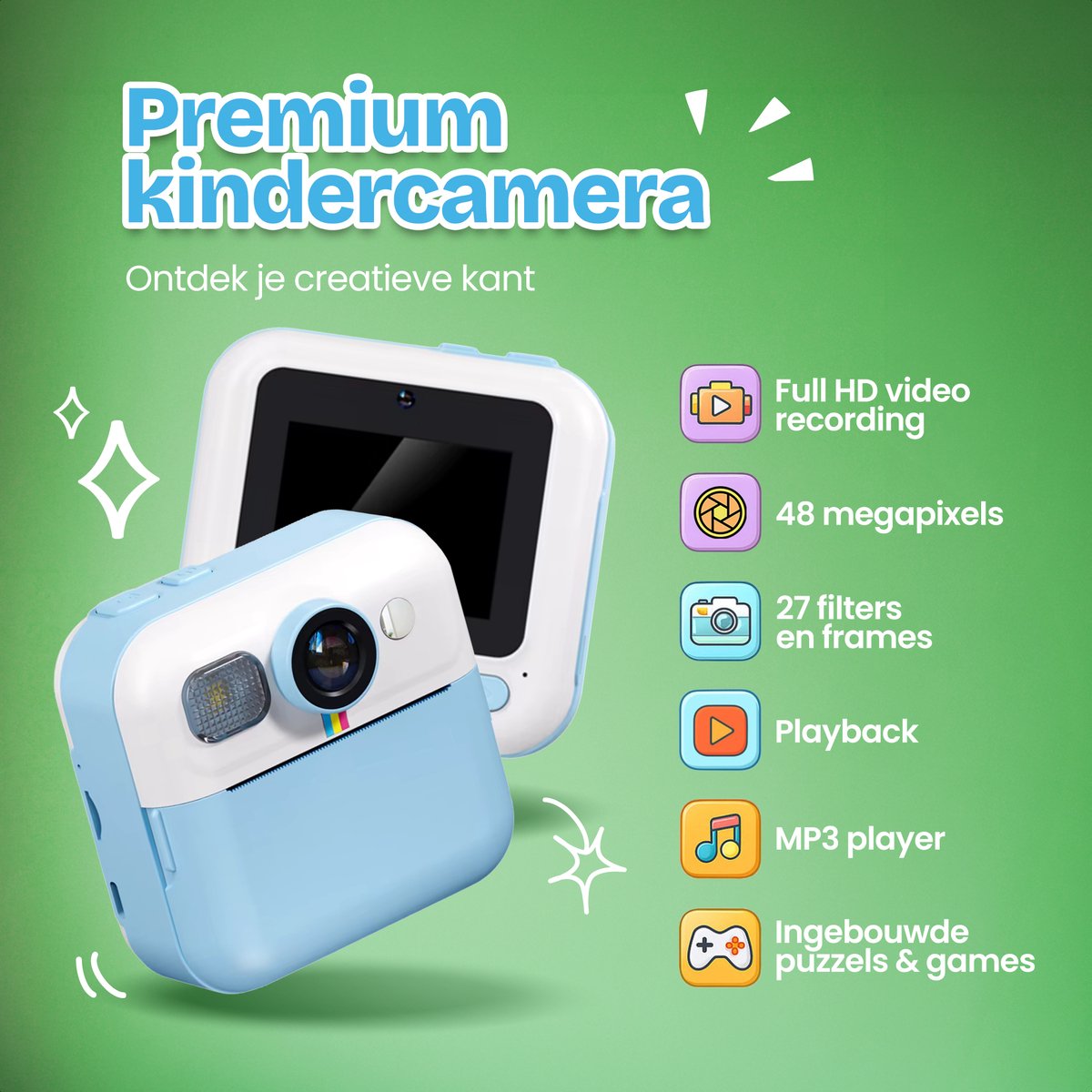 TinyPlay Kindercamera met foto printer - 48MP - Digitale Camera Kinderen - 32GB SD kaart - Full HD Foto en Video - Spelletjes - Fotoprinter - Kinder camera - Digitale kindercamera - Blauw – foto 3