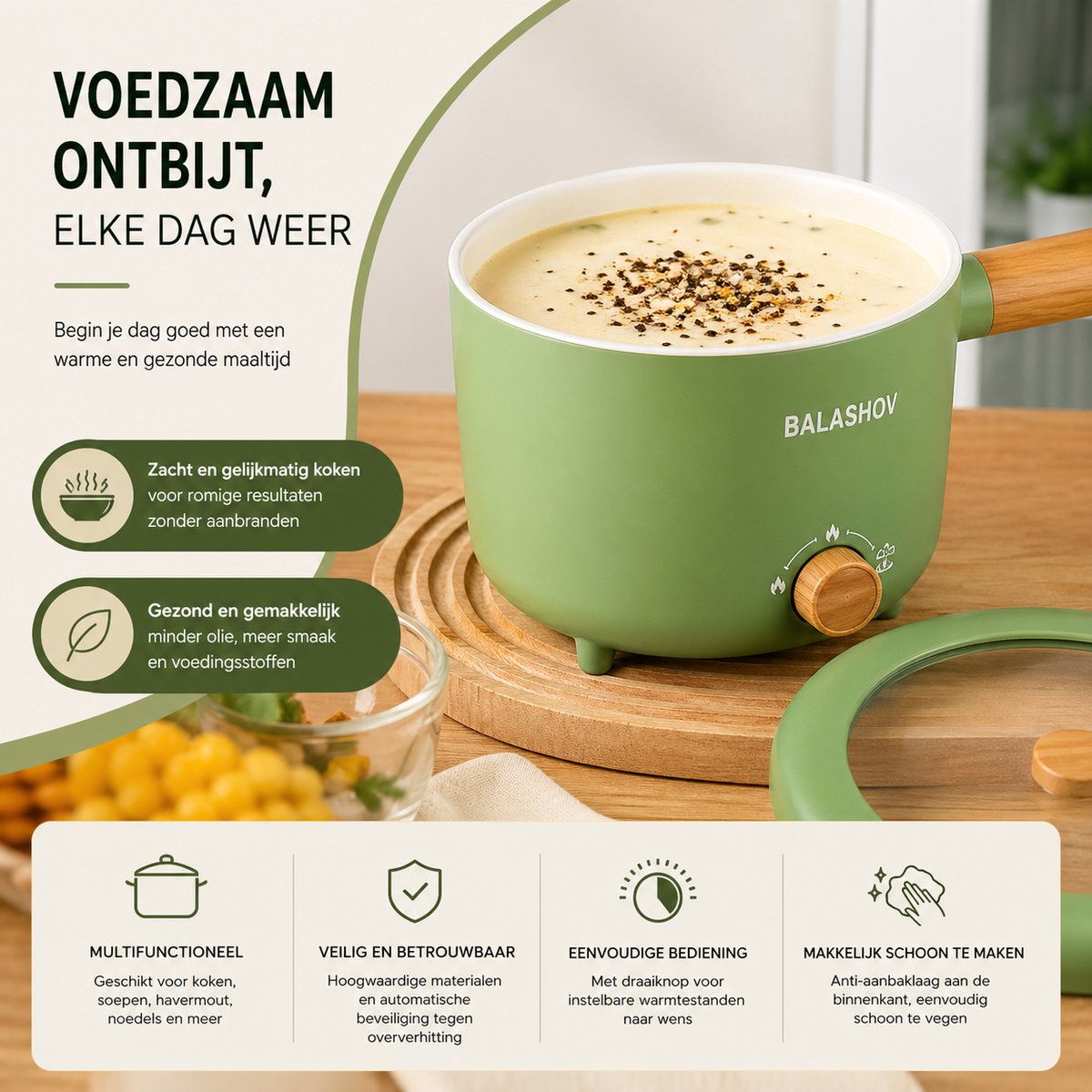 Jurrys Elektrische Stoofpot - Kookpot - Kookpan - Hotpot - Stoofpan - Compact -Langzaam garen - RVS Binnen pan - 24.5 cm - Groen – foto 4