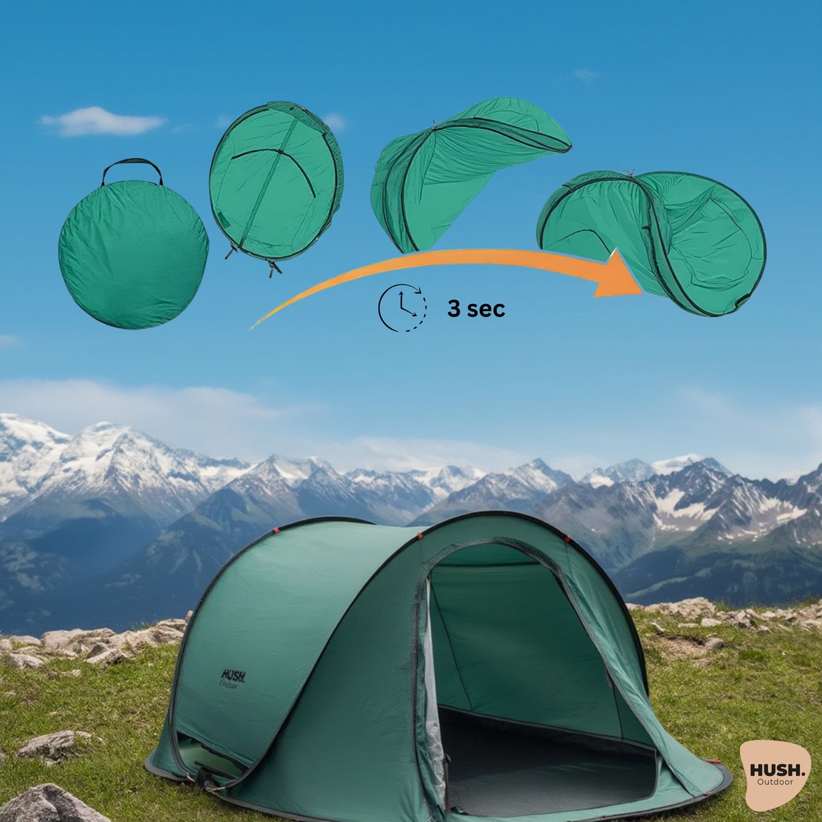 HUSH Outdoor campingtent 2 tot 3 personen groen thumbnail 4