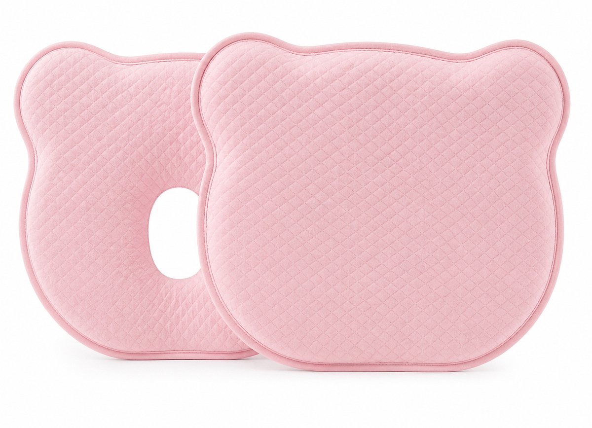 Orthopedisch Baby Hoofdkussen Roze tegen Plat Hoofd (0-12 mnd) – Ergonomisch Anti Flat Head Kussen – Ademend Katoen & Traagschuim – Incl. Wasbare Hoes