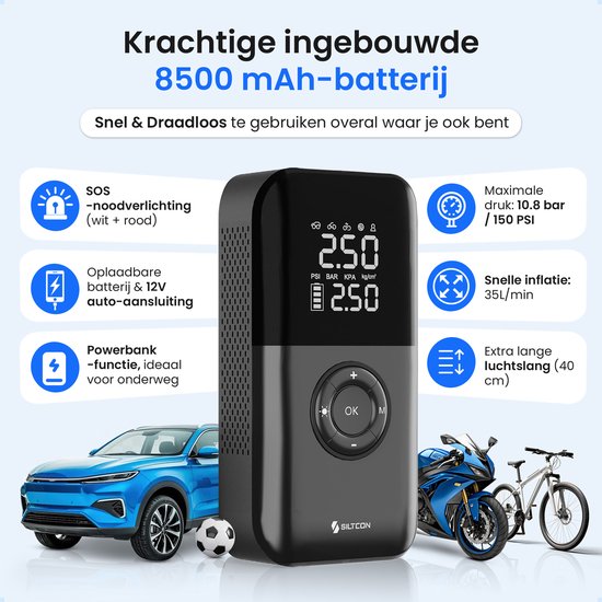 Siltcon® Elektrische Fietspomp - Luchtcompressor - Tot 10.8 Bar - 8500 mAh Powerbank - Compressor - Bandenpomp Auto - Elektrische Bandenpomp - Luchtpomp – Universeel – Oplaadbaar & 12V – 35l/min – SOS Lamp - Noodpakket - Incl. 10 Opzetstukjes en Hoes