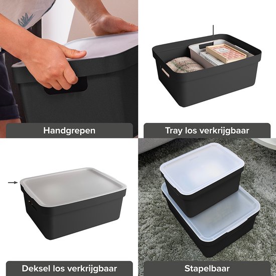 Collage: handen die een zwarte opbergbox met deksel vastpakken, de box met een dienblad, de box met deksel, en gestapelde boxen.