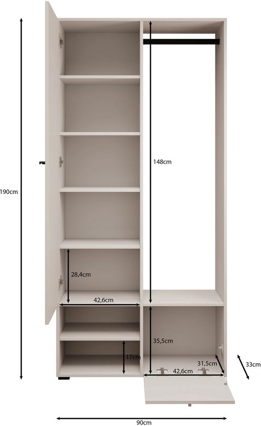 Afmetingen van een eikenhouten halkast met spiegeldeur en open compartimenten.