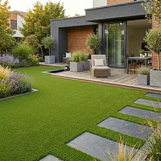 Jardin moderne avec chaise longue sur terrasse en bois, bassin et tapis d'herbe artificielle verte avec dalles grises.
