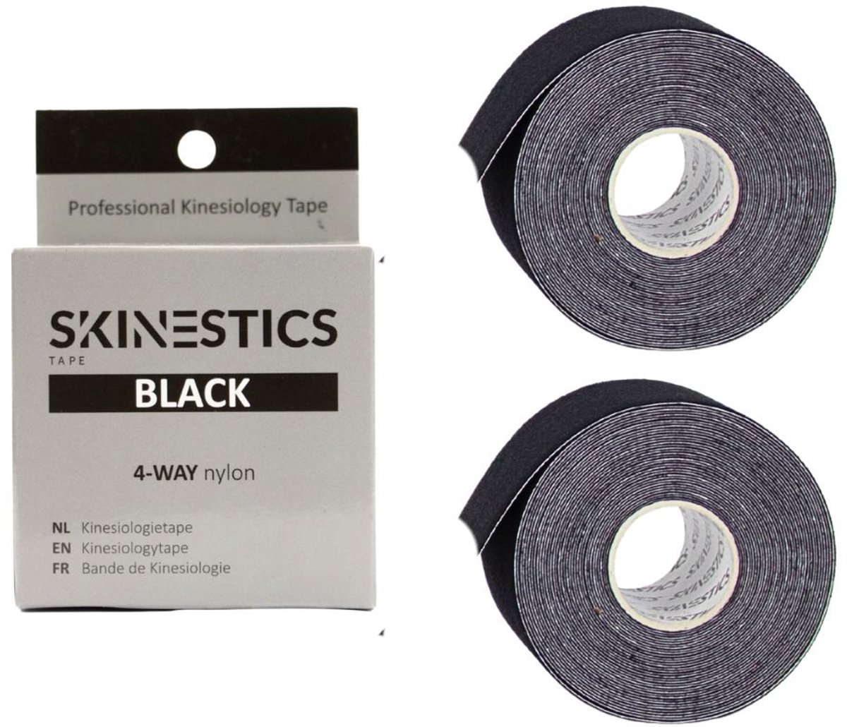 Duo pack Skinestics Sport tape – Fysio tape – Kleur Zwart – nu 20% langer, 600 cm lang bij 5 cm breed, 170% rekbaar gelijk aan menselijke huid, standaard voorzien van extra sterke lijm, katoen, voor het hele lichaam, spier ondersteuning
