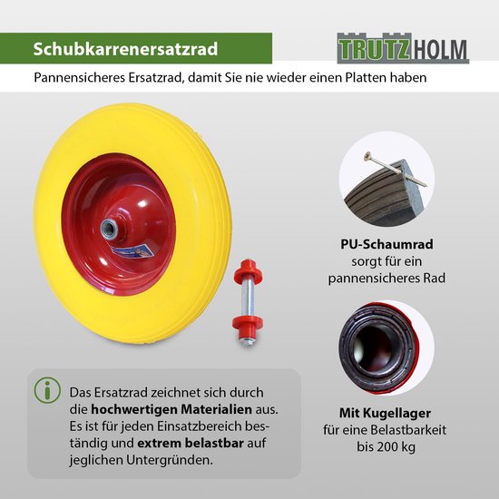 Kruiwagenwiel Massief rubber 4.00-8 / 4.80 met as 200 kg Reservewiel Kruiwagen PU — afbeelding 3